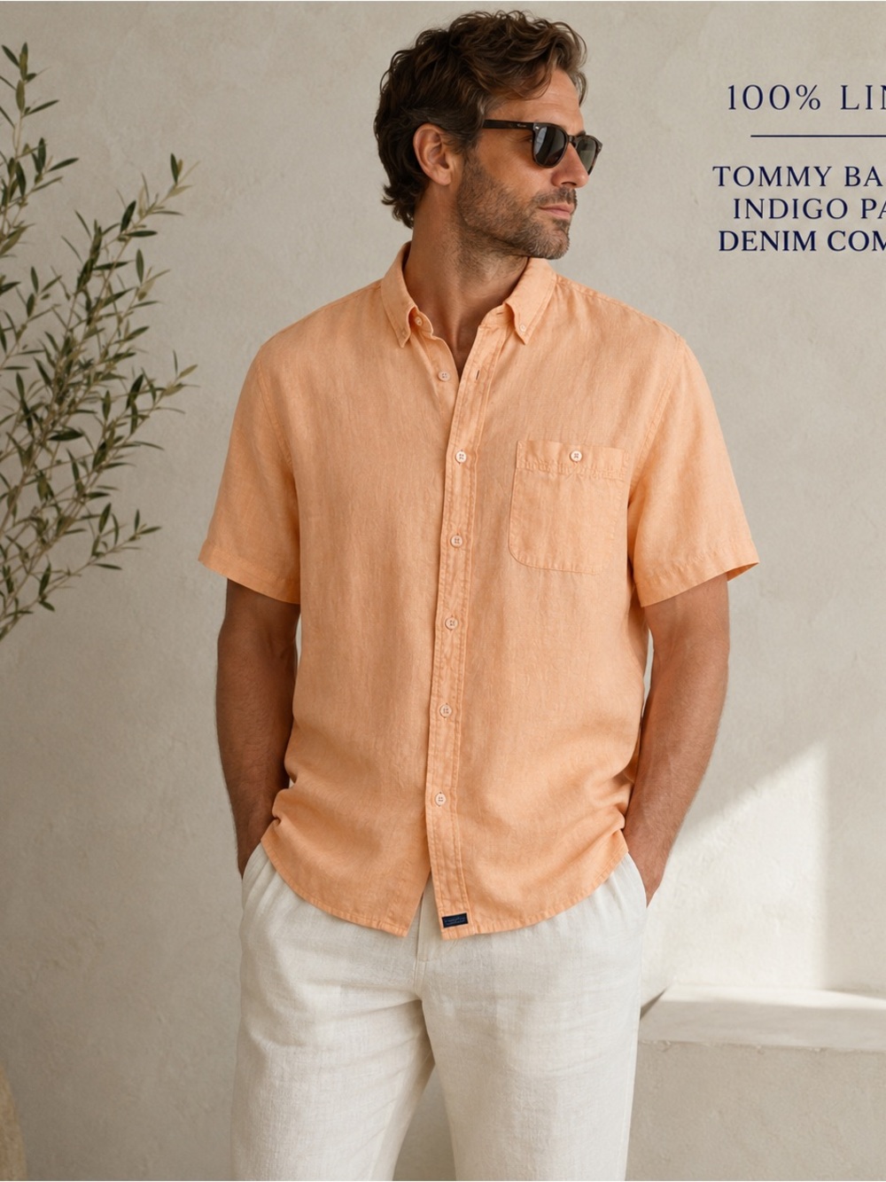 Tommy Bahama Indigo Palms 100% Linen Button Front Shirt Peach Large Hong Kong